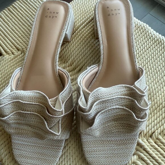 A New Day Raffia Ruffle Sandals – Beige Woven Block Heel Slides, Size 9.5 🌿 - Picture 3 of 7
